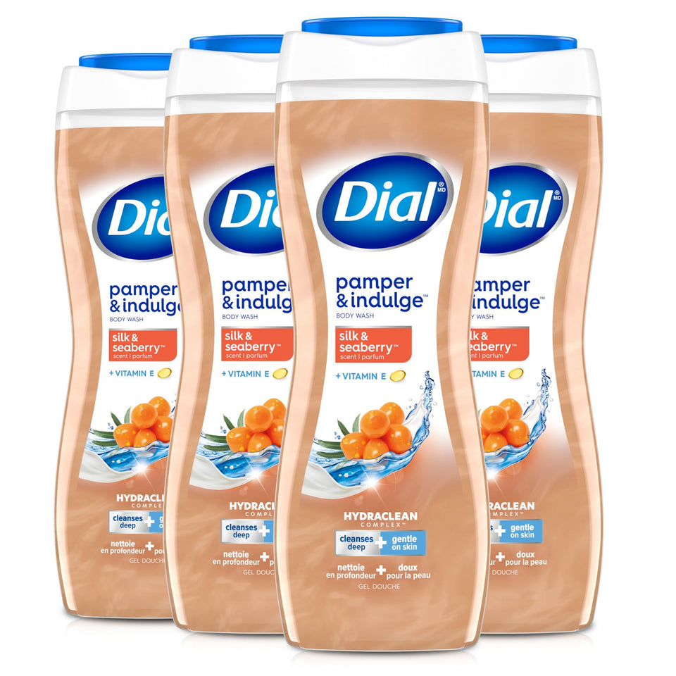 Dial bottle front label showing silk and seaberry scent and benefits