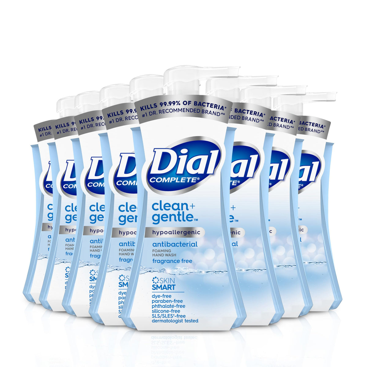 Dial front packaging of eight fragrance-free bottles showing value and convenience