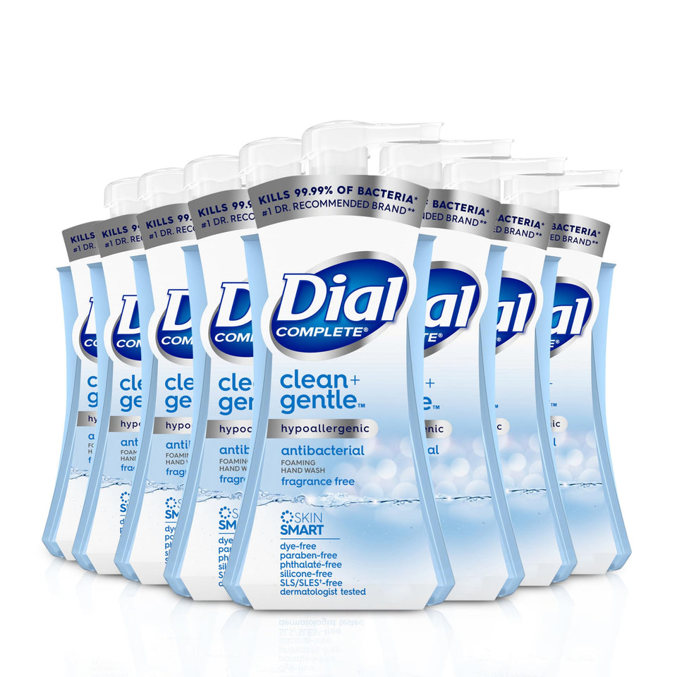 Dial front packaging of eight fragrance-free bottles showing value and convenience