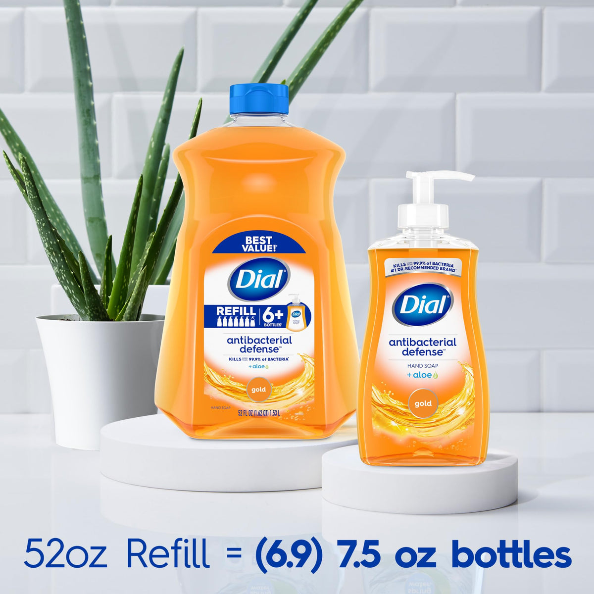 Dial bottle next to a hand and phone illustrating 52 fl oz size and value benefit