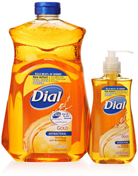 Dial Gold front packaging showing pump and refill for easy restocking
