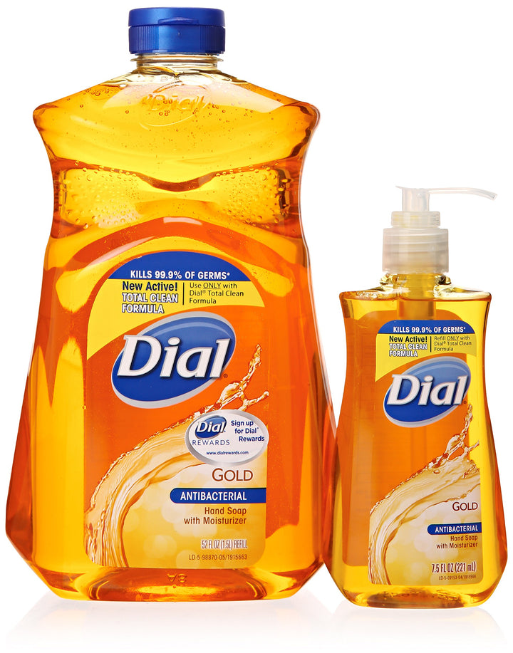 Dial Gold front packaging showing pump and refill for easy restocking