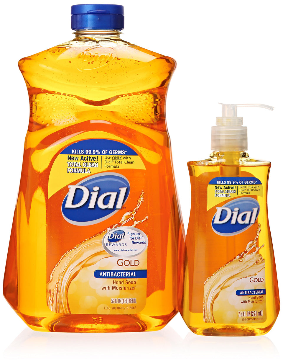 Dial Gold front packaging showing pump and refill for easy restocking