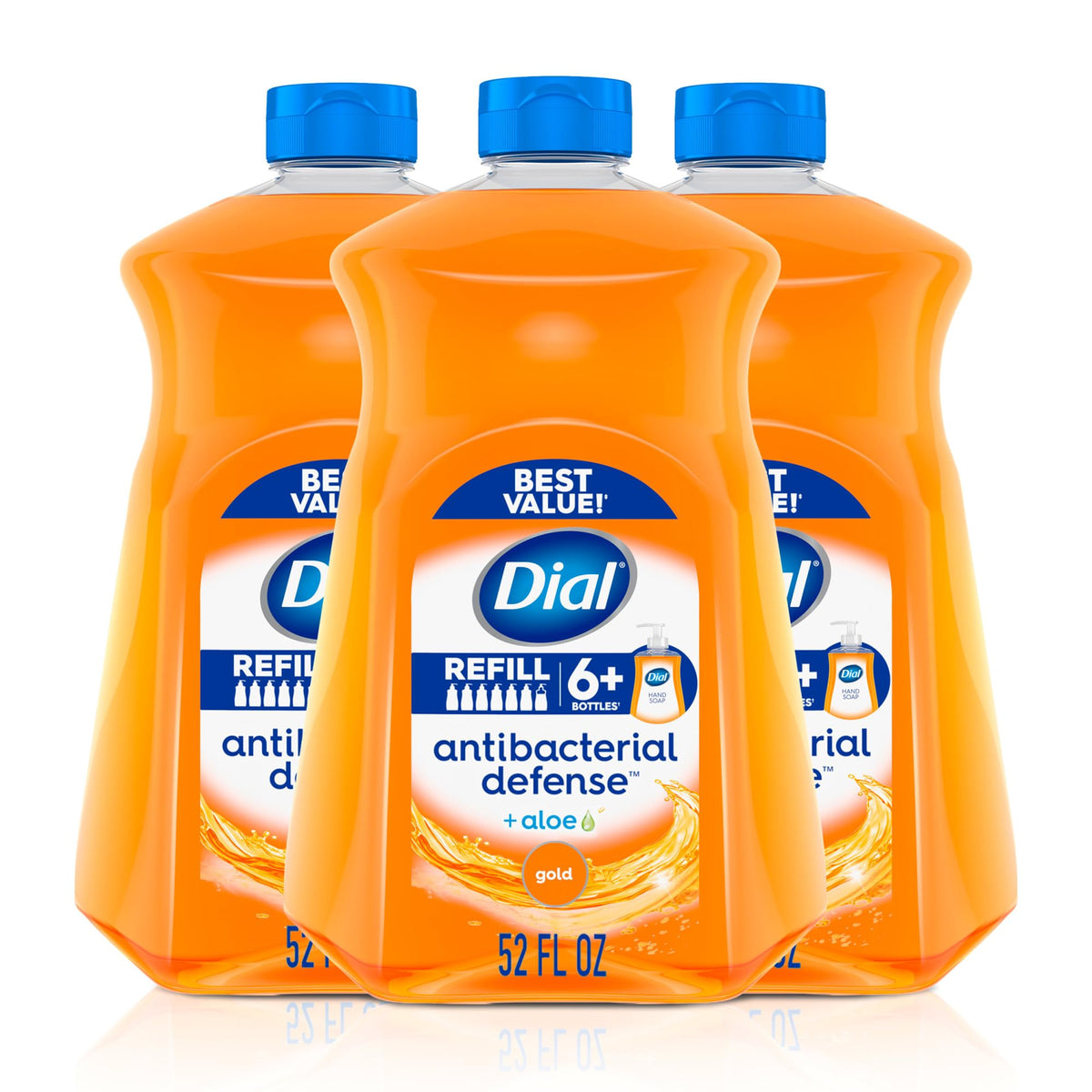 Dial front packaging of three 52 fl oz bottles showing Gold scent and refill benefit