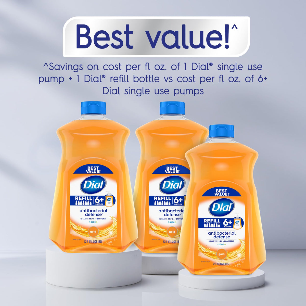 Dial pouring refill into a pump bottle showing convenient bulk refill benefit