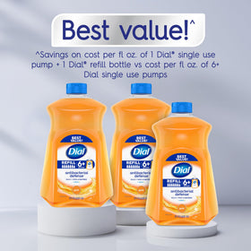 Dial pouring refill into a pump bottle showing convenient bulk refill benefit