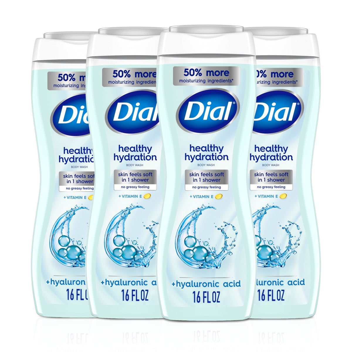 Dial front packaging showing bottle and label, highlights hydration benefits