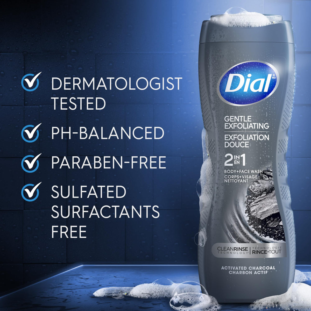 Dial lather on hand demonstration illustrating rich foam and clean rinse benefit
