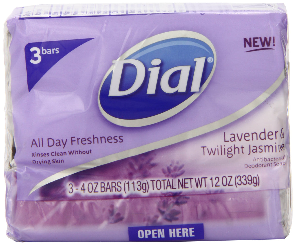 Dial antibacterial deodorant soap front packaging showing three bars and scent label
