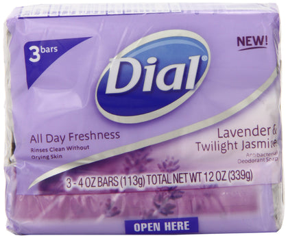 Dial antibacterial deodorant soap front packaging showing three bars and scent label