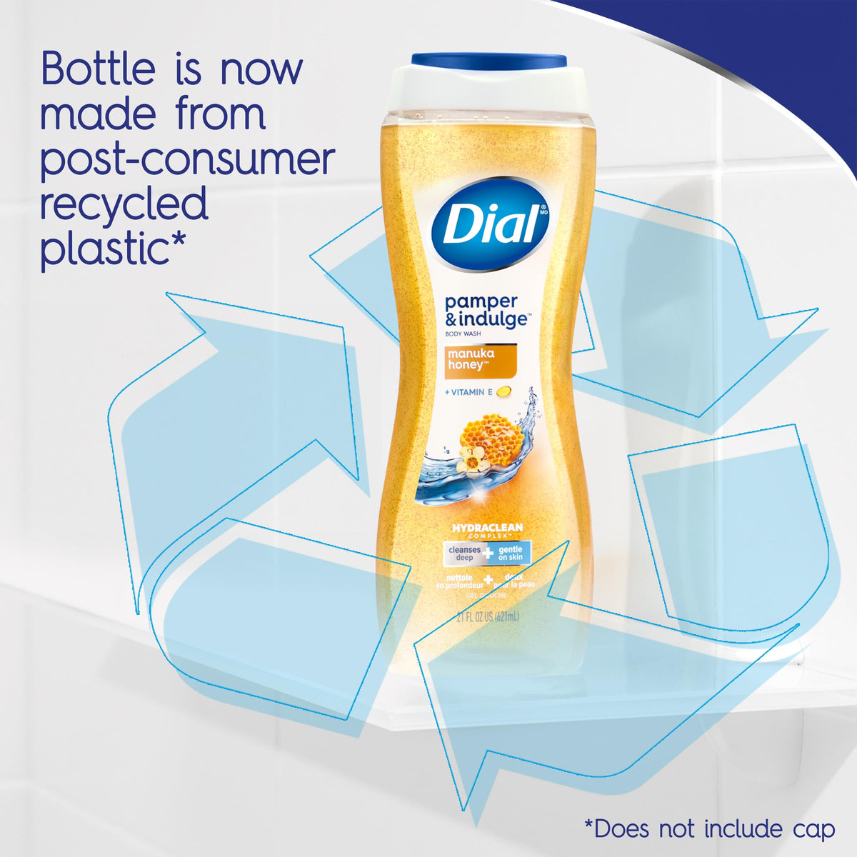 Dial bottle in shower scene demonstrating everyday use and refreshing cleanse