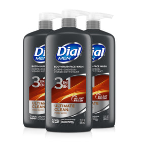Dial front bottle showing label and 3-in-1 benefit for simple grooming
