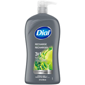 Dial Men front label showing cedar leaf scent and 3-in-1 convenience