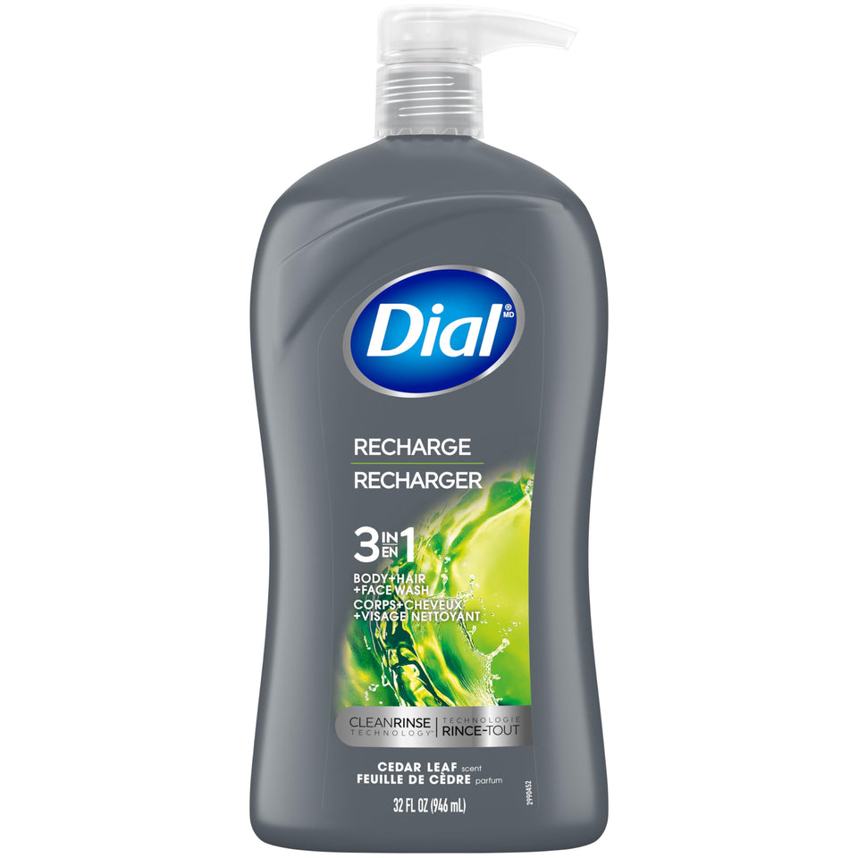 Dial Men front label showing cedar leaf scent and 3-in-1 convenience