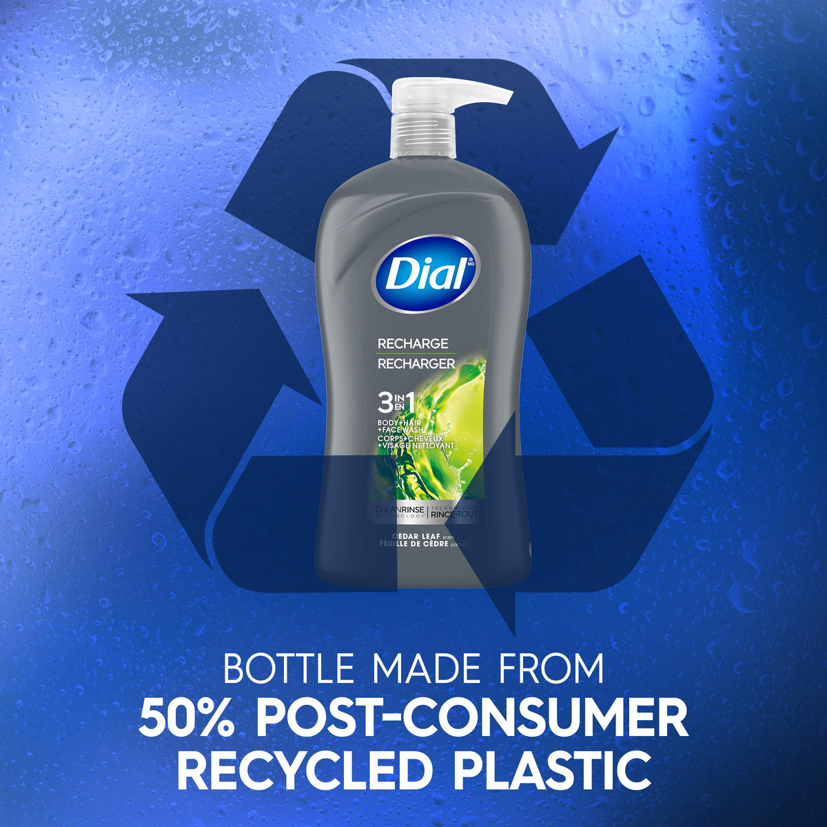 Dial Men recycled bottle close-up highlighting 50% post-consumer plastic