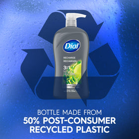 Dial Men recycled bottle close-up highlighting 50% post-consumer plastic