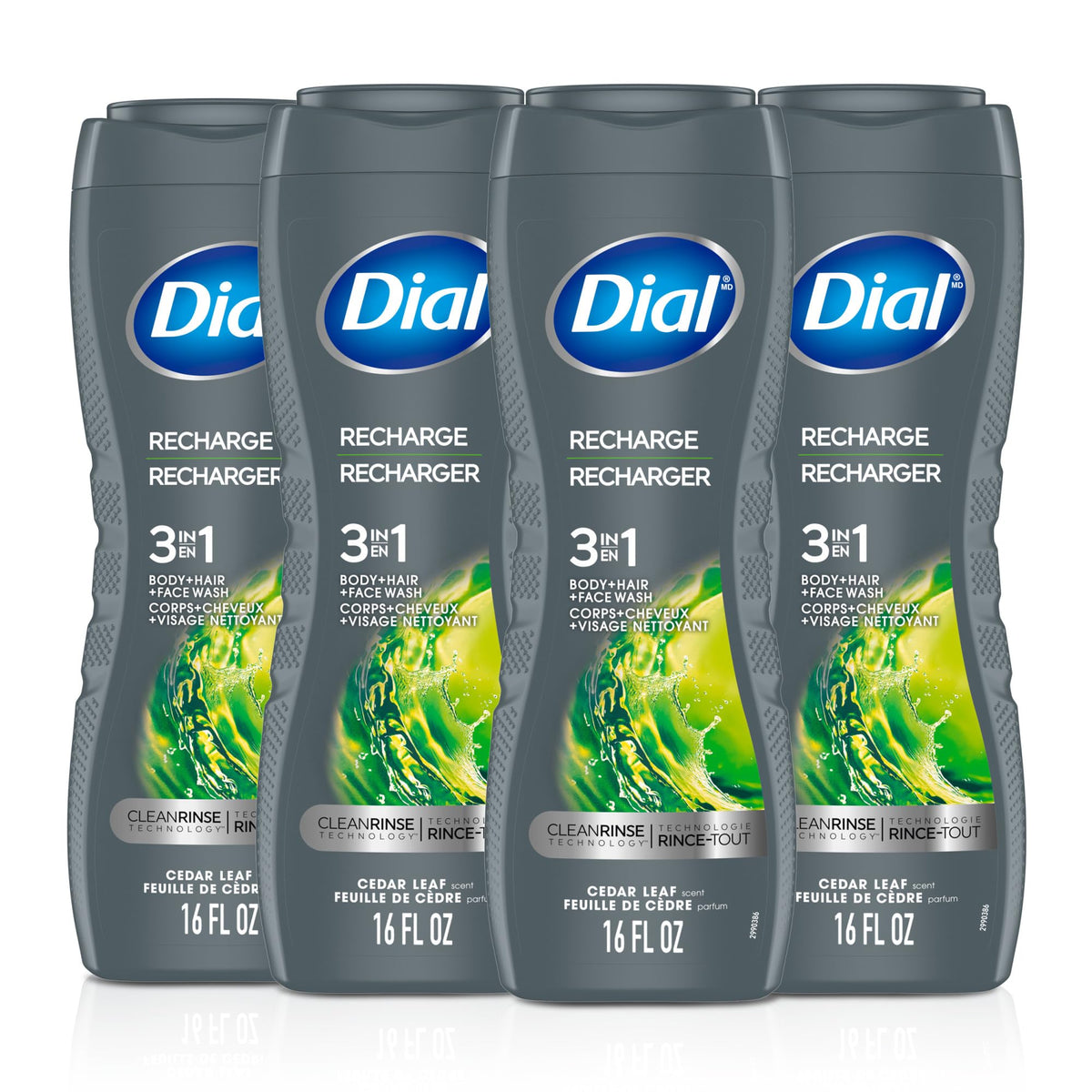 Dial Men 3‑in‑1 front packaging showing bottle and cedar leaf scent benefits