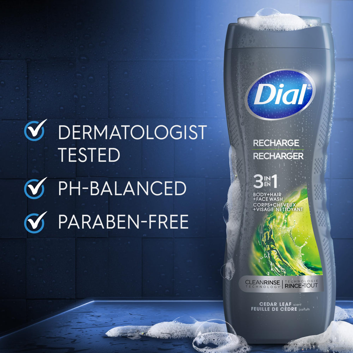 Dial Men label closeup highlighting ingredients and clean rinse technology