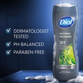 Dial Men label closeup highlighting ingredients and clean rinse technology