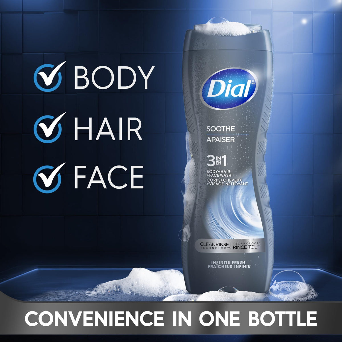 Dial men bottle close-up label highlighting product features