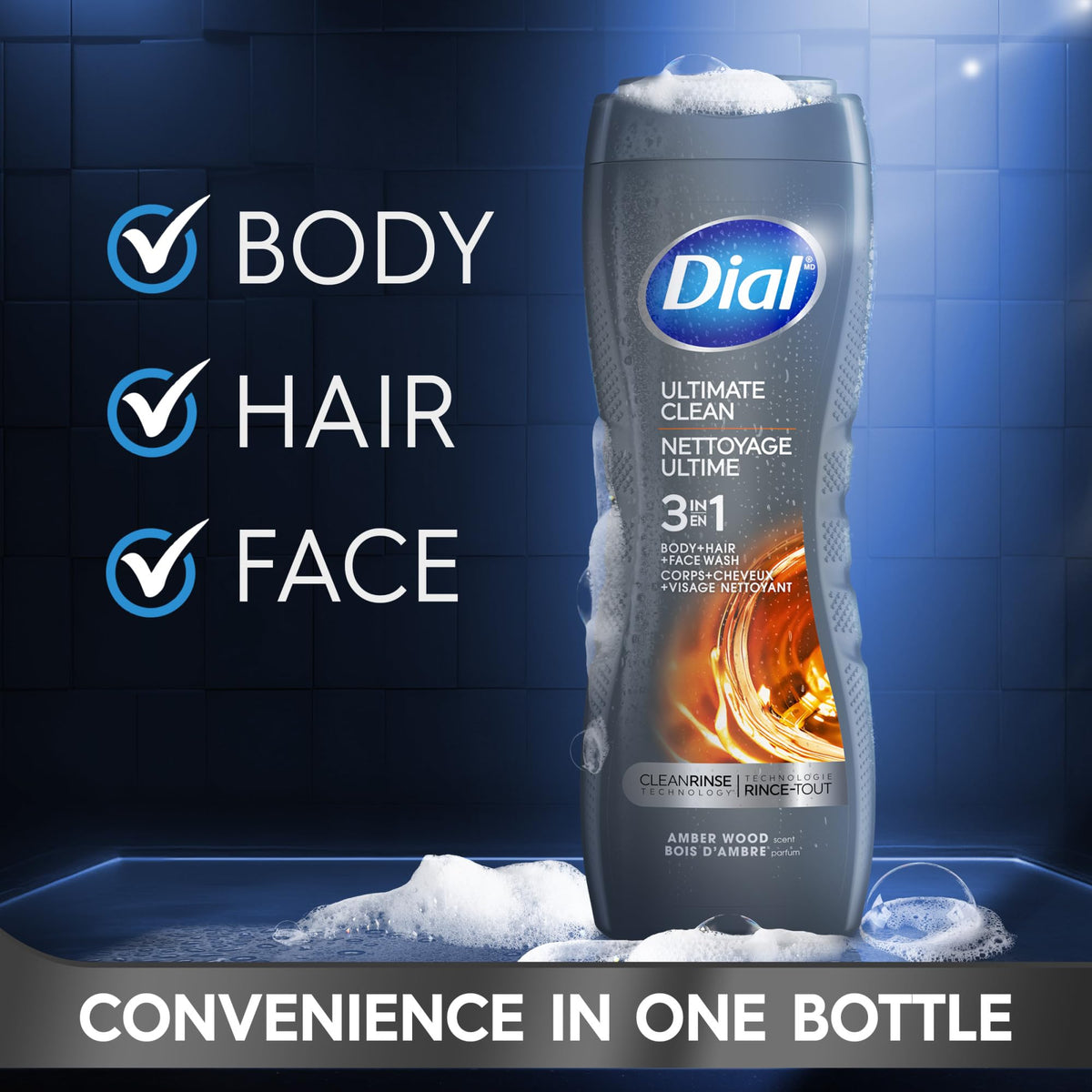 Dial label close-up and pump highlighting ingredient transparency and easy dispensing