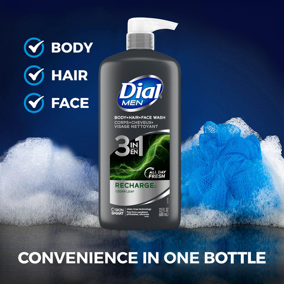Dial Men bottle next to a hand to show 23 oz size and easy squeeze use