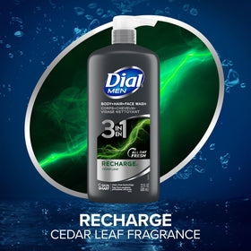 Dial Men bottle pump and label close-up highlighting recyclable 50% PCR bottle