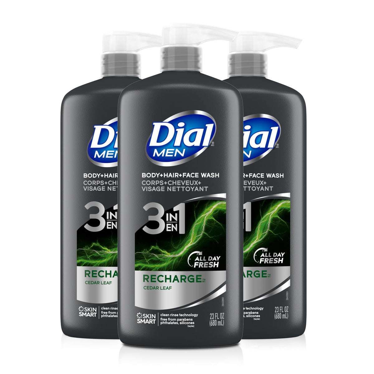 Dial Men front packaging showing 3-in-1 benefit and aloe scent for convenient cleansing