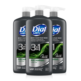 Dial Men front packaging showing 3-in-1 benefit and aloe scent for convenient cleansing
