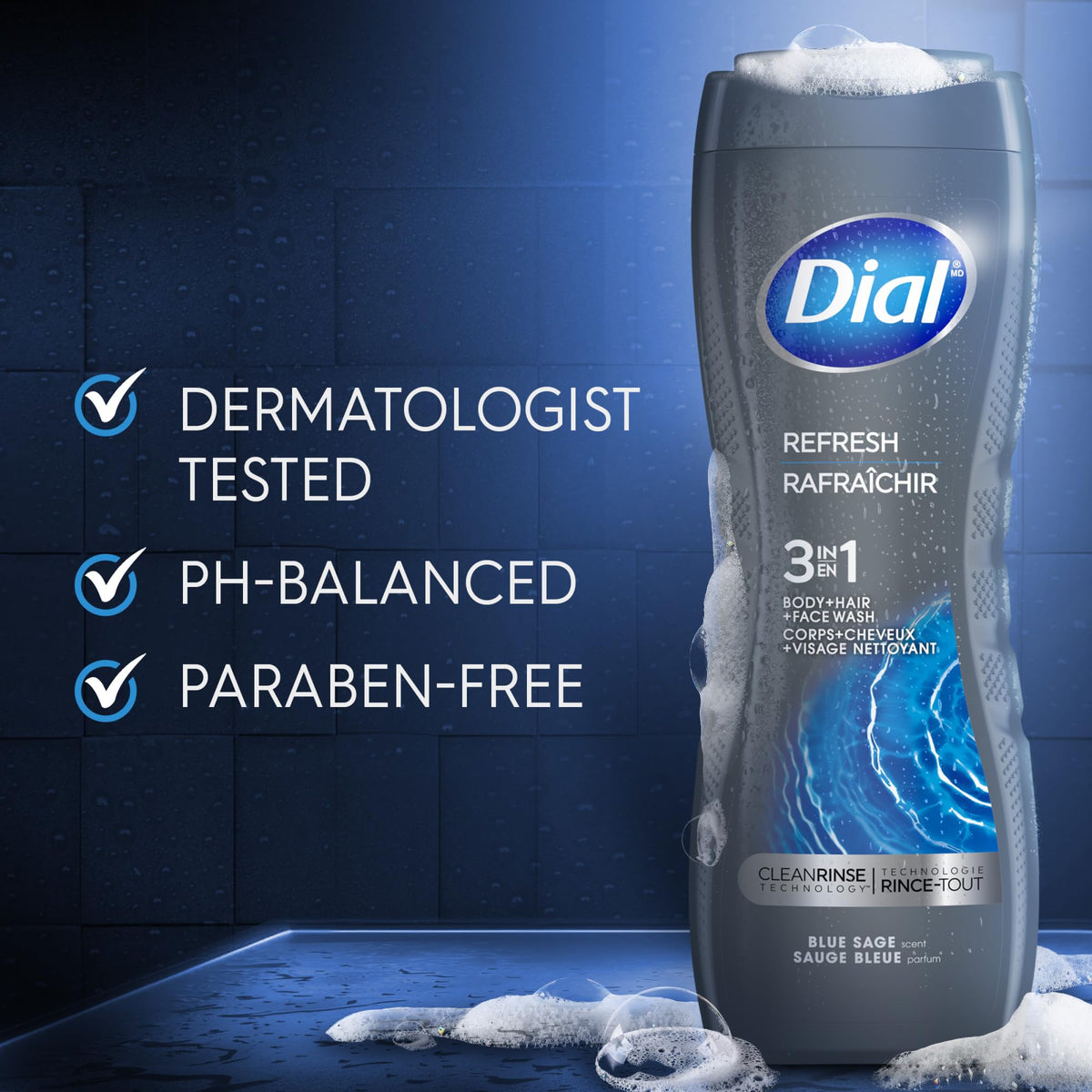 Dial product in shower use demonstrating all-in-one convenience for busy mornings