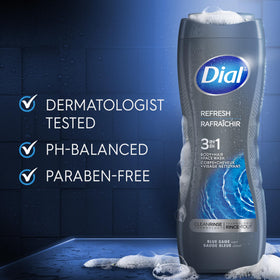 Dial product in shower use demonstrating all-in-one convenience for busy mornings