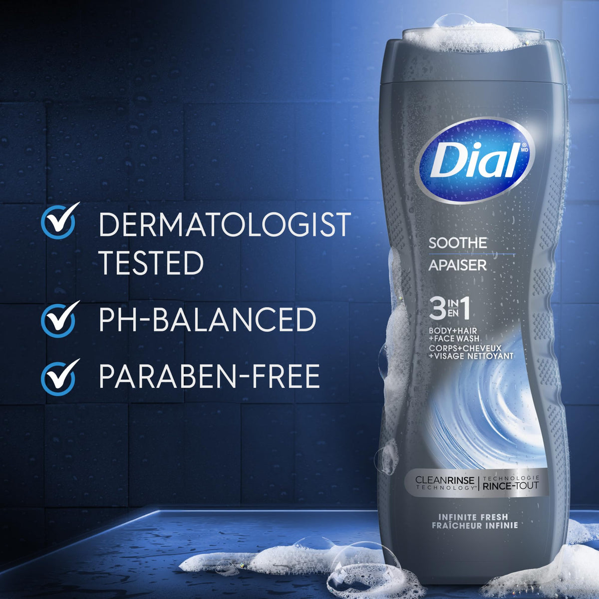Dial men pump dispensed into hand for easy in-shower use