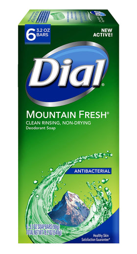 Dial front packaging showing six Mountain Fresh bars and clear branding for easy identification