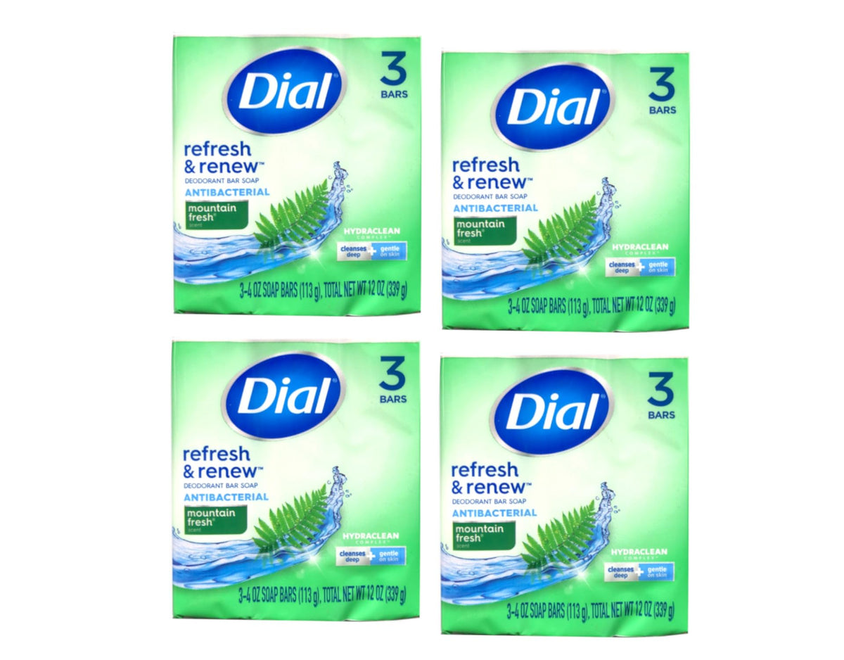 Dial mountain fresh front packaging showing four 4 oz bars and scent name for easy restocking