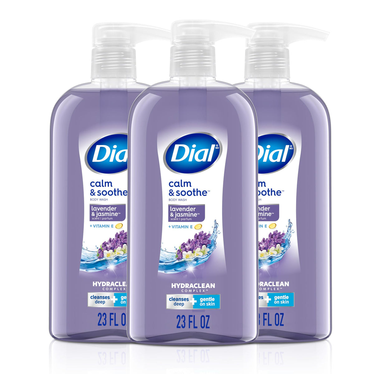 Dial pack front view showing three 23 fl oz bottles and calming scent benefits