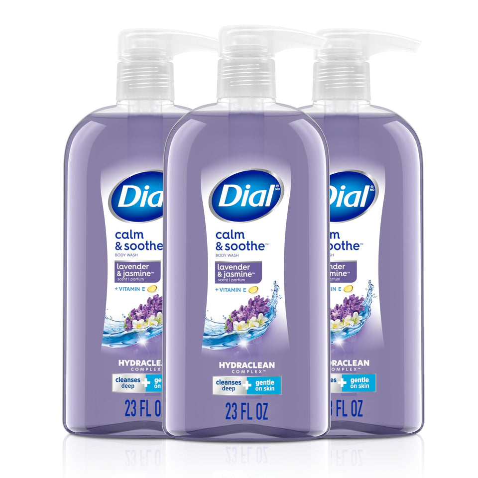 Dial pack front view showing three 23 fl oz bottles and calming scent benefits