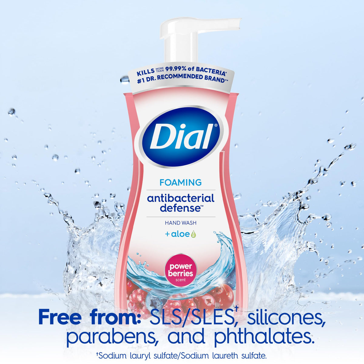 Dial Power Berries bottle label highlighting 100% PCR plastic packaging