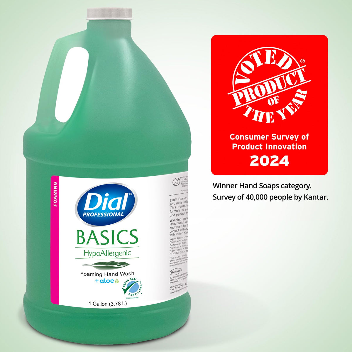 Dial Professional label badges displaying Green Seal and Leaping Bunny benefits