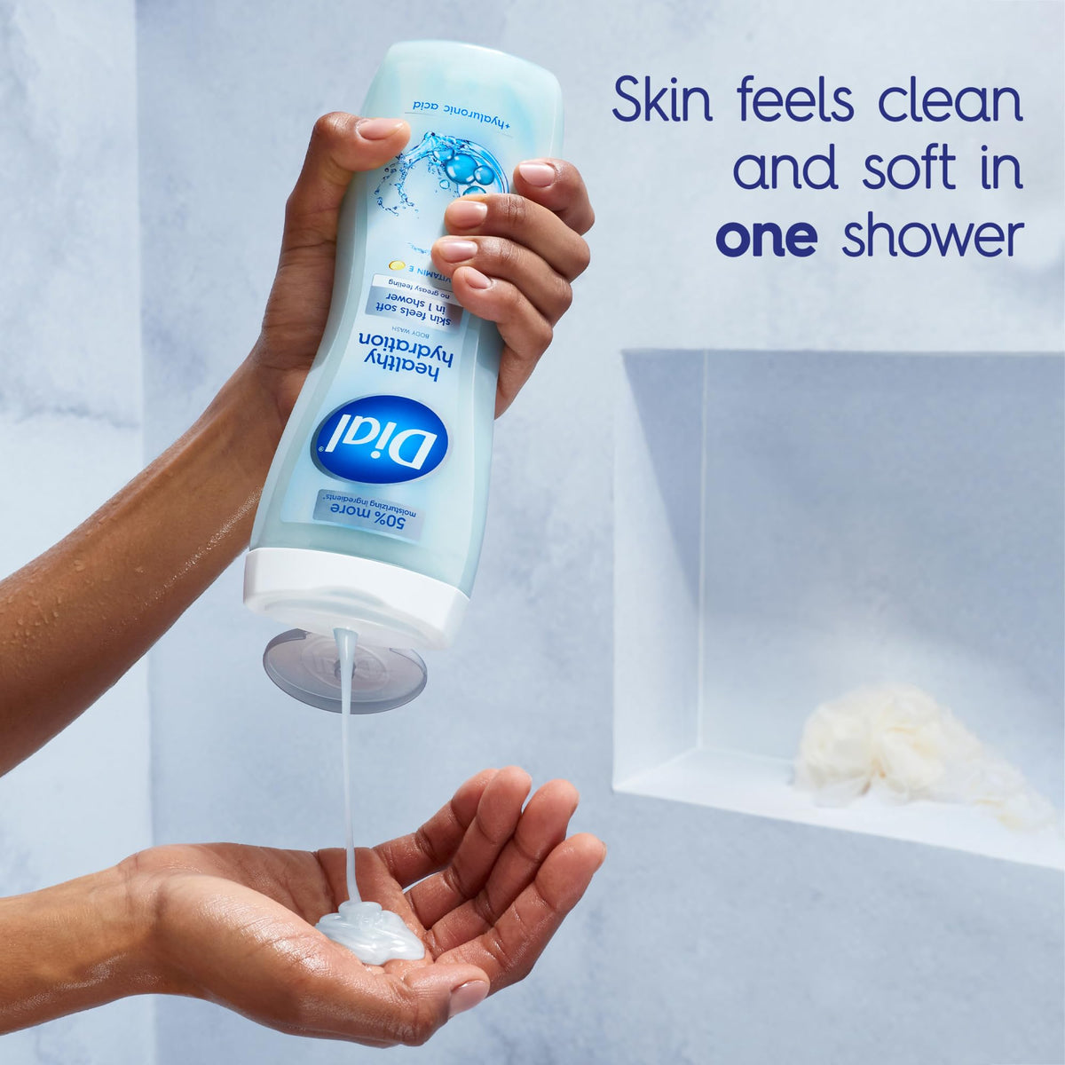 Dial pump close-up dispensing body wash, convenient easy-to-use dispenser