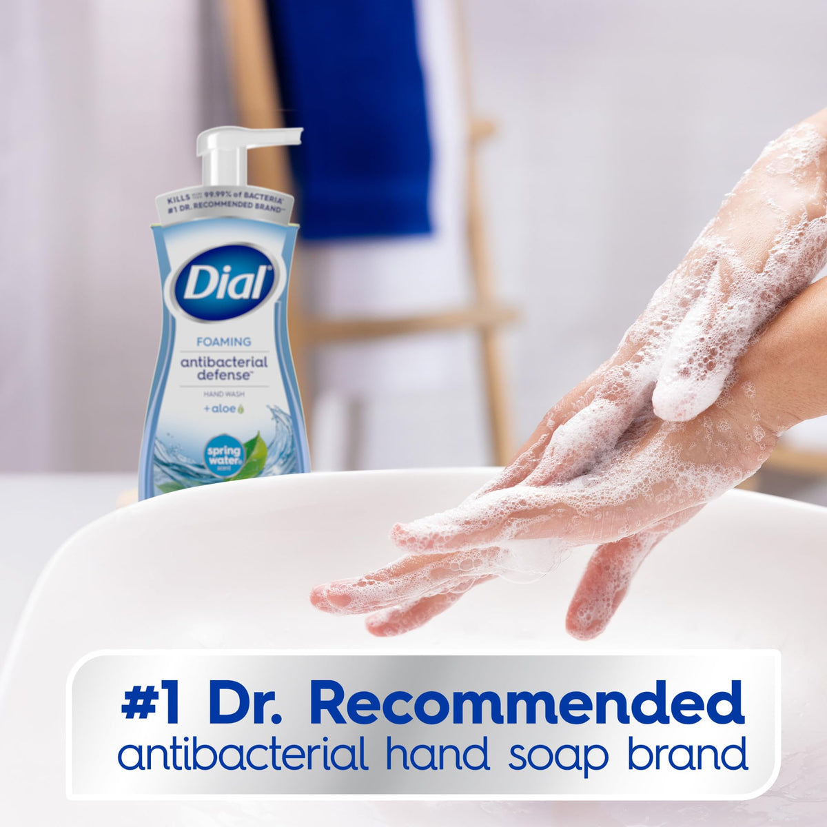 Dial pump dispensing foam for quick, even cleansing at the sink