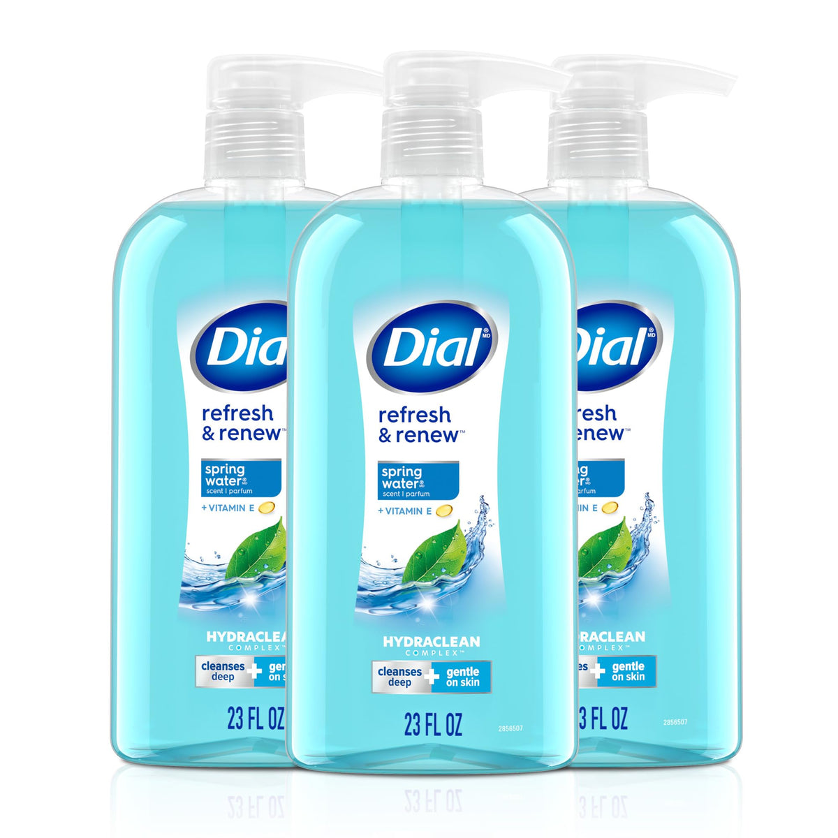 Dial front packaging showing three bottles and bright spring-water scent benefit