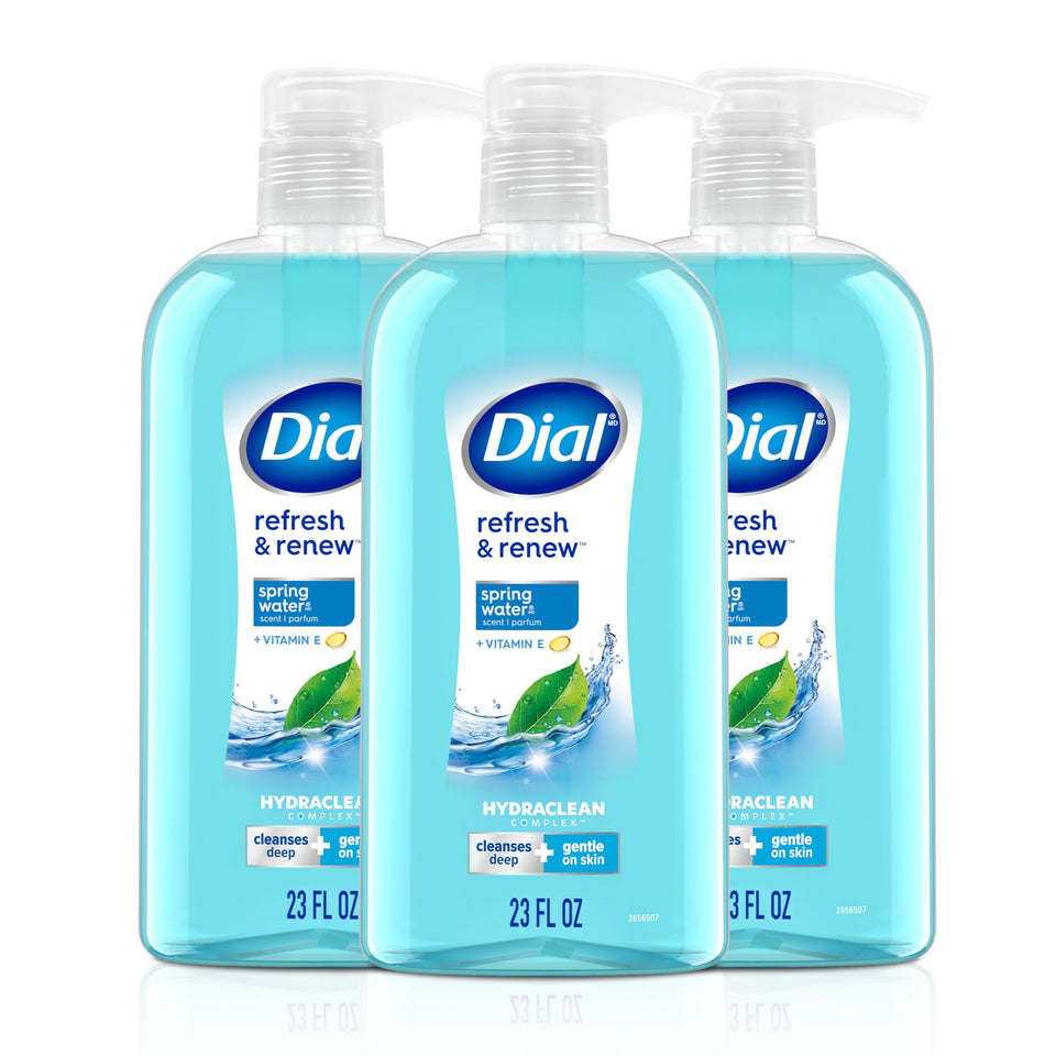 Dial front packaging showing three bottles and bright spring-water scent benefit
