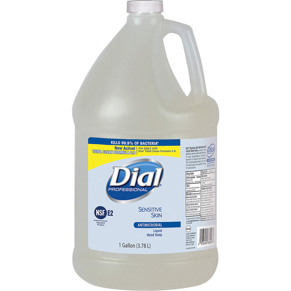 Dial Sensitive Skin refill front view showing clear one-gallon bottle and easy refill benefit