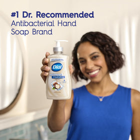 Dial bottle on bathroom sink in lifestyle scene conveying daily use and countertop fit