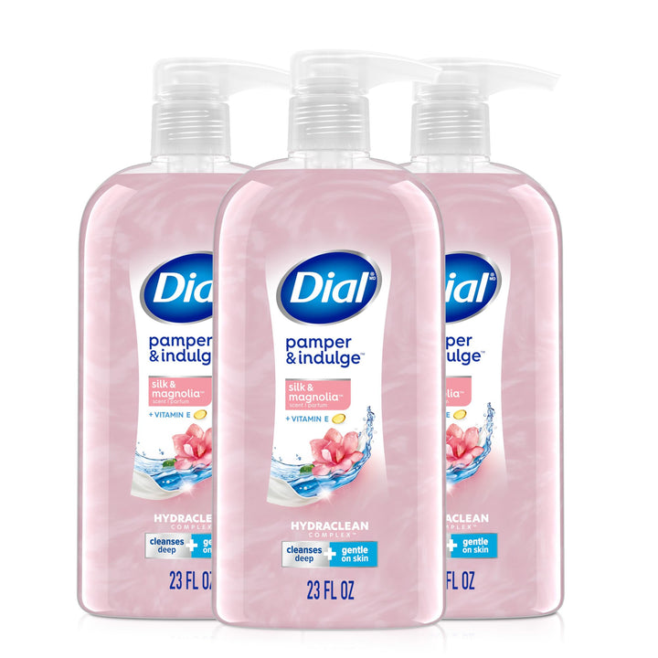 Dial Silk & Magnolia front packaging showing 23 fl oz bottle and label benefits