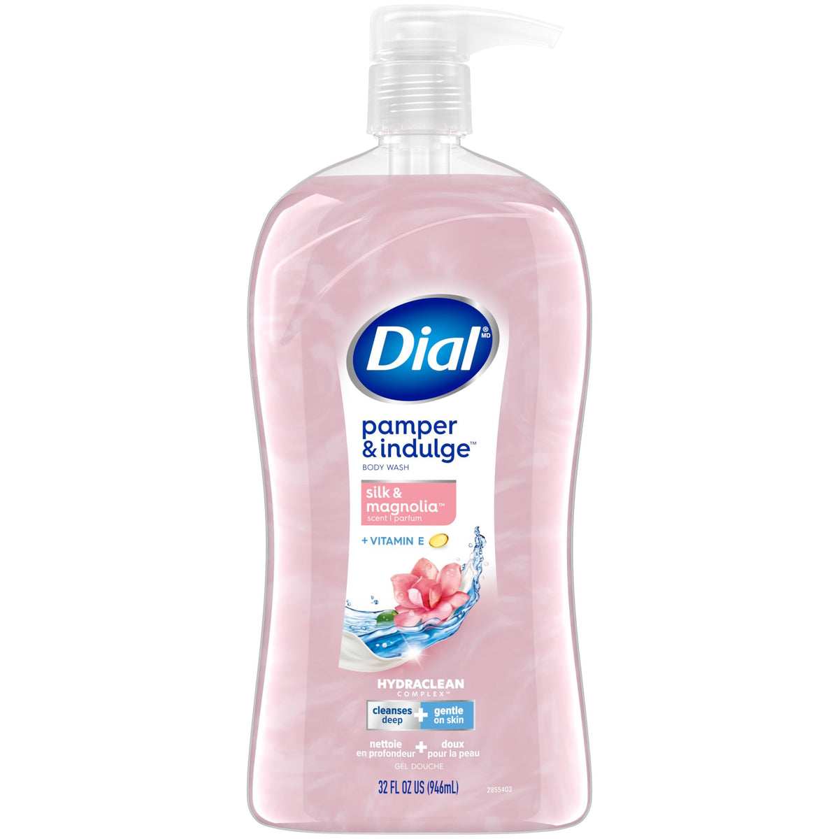 Dial bottle front packaging showing silk and magnolia scent and gentle cleanse benefit