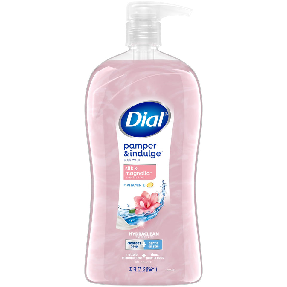 Dial bottle front packaging showing silk and magnolia scent and gentle cleanse benefit