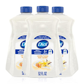 Dial front packaging showing 52 fl oz vanilla honey refill and clear benefits