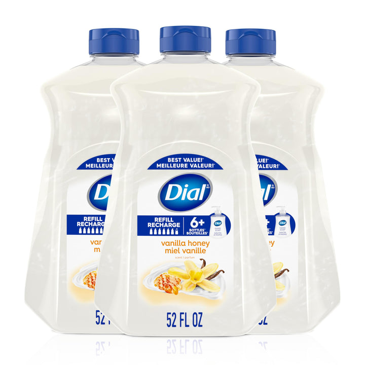 Dial front packaging showing 52 fl oz vanilla honey refill and clear benefits