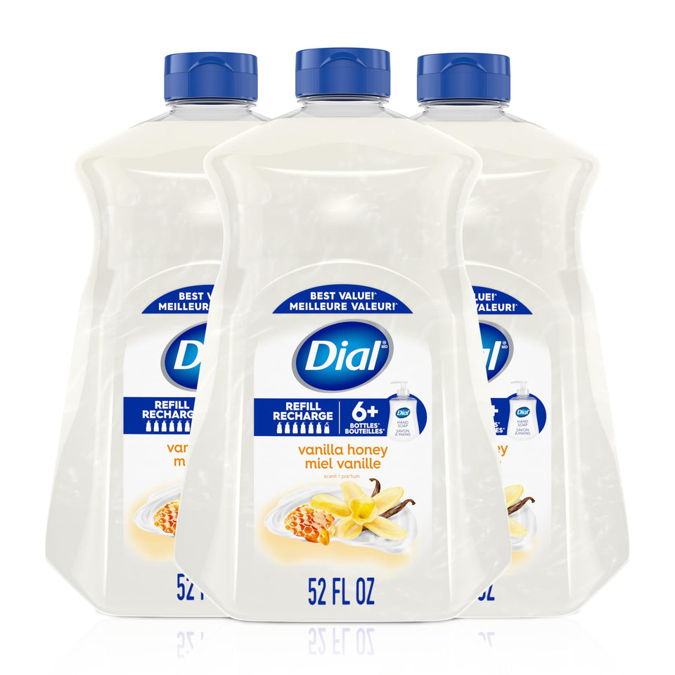 Dial front packaging showing 52 fl oz vanilla honey refill and clear benefits